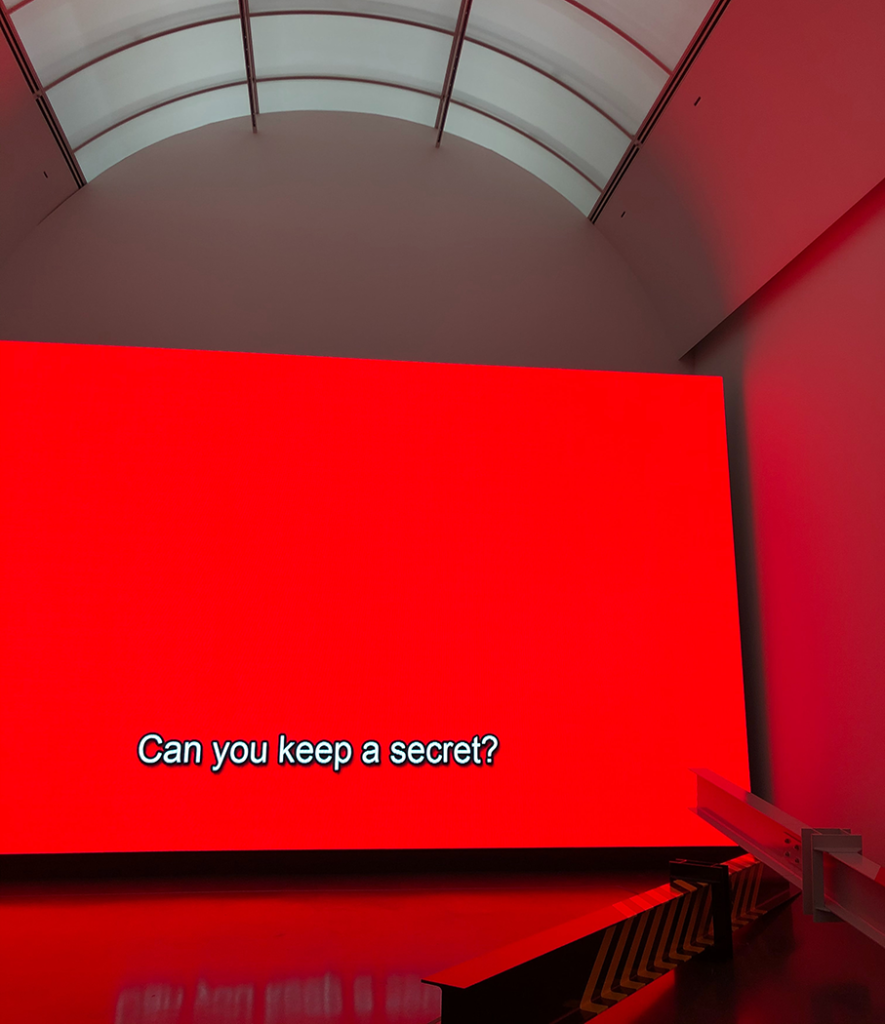Videoscreen im Museum mit Untertitel Can You keep a Secret