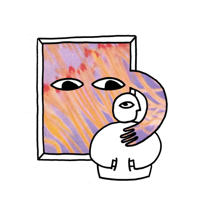 Illustration in der ein Gemälde einen Besucher umarmt